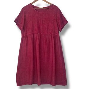 Terzo Millennio M Dress 100% Linen Embroidered Bodice Burgundy Made in Italy